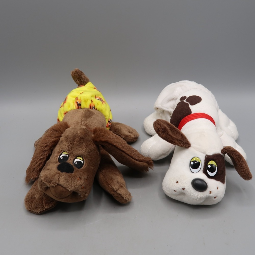 2 Mini Pound Puppies Newborn Plush Dogs Brown White w diapers Basic Fun